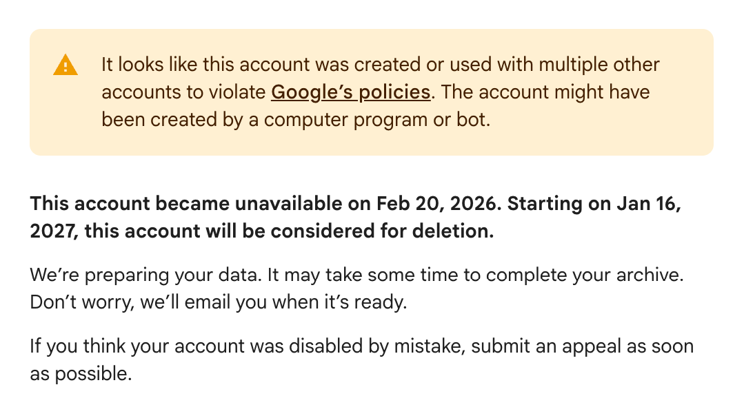Google account disabled notice